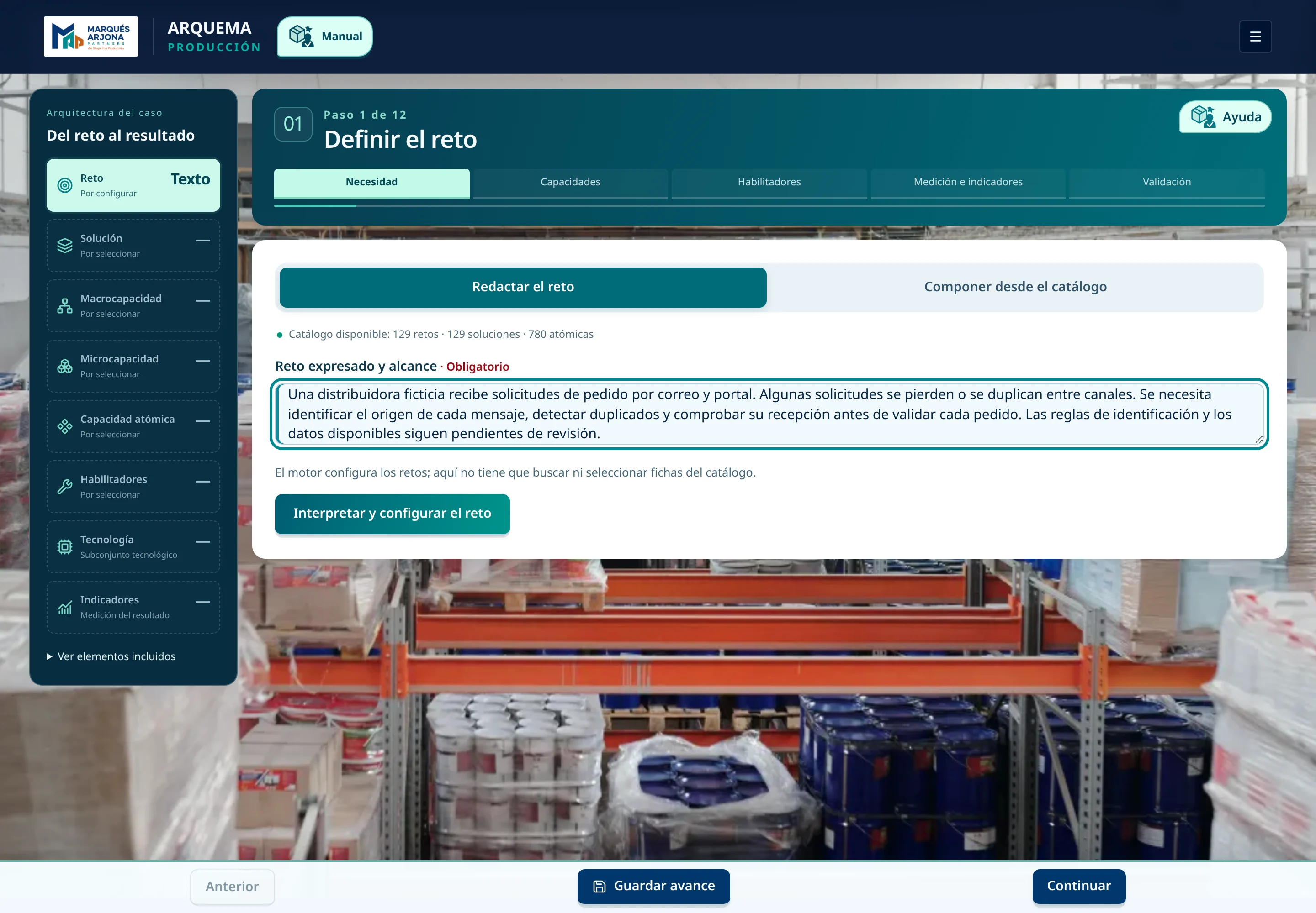 Pantalla de ARQUEMA con el reto del caso ficticio cumplimentado: solicitudes de pedido perdidas o duplicadas entre correo y portal