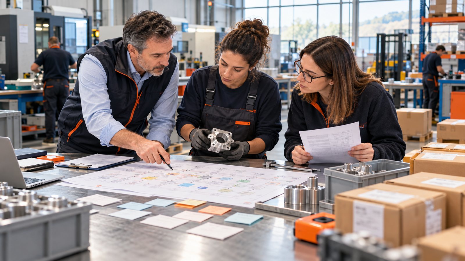 Tres profesionales de una pyme industrial contrastan un mapa de proceso, datos de pedidos y una pieza en un taller.