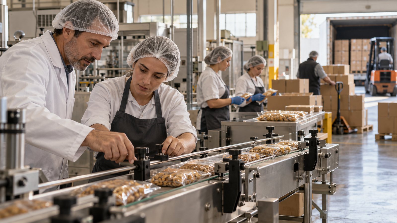 Operarios ajustan una guía de envasado mientras se revisa el flujo de producción y expedición.