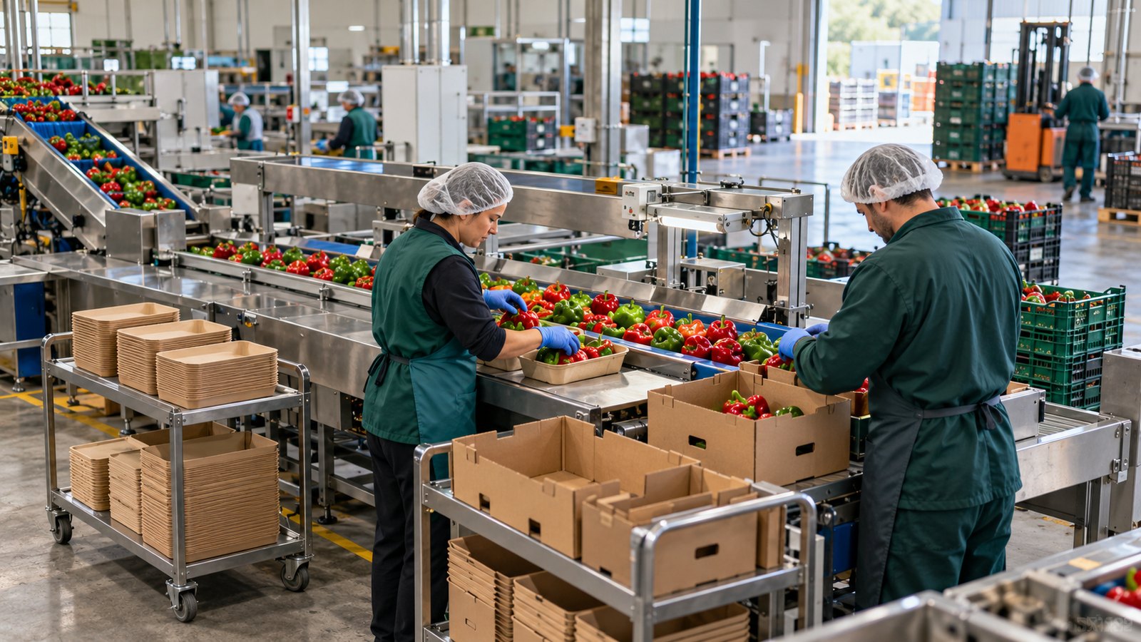 Línea de envasado hortofrutícola con personal preparando pimientos en bandejas y cajas de distintos formatos.