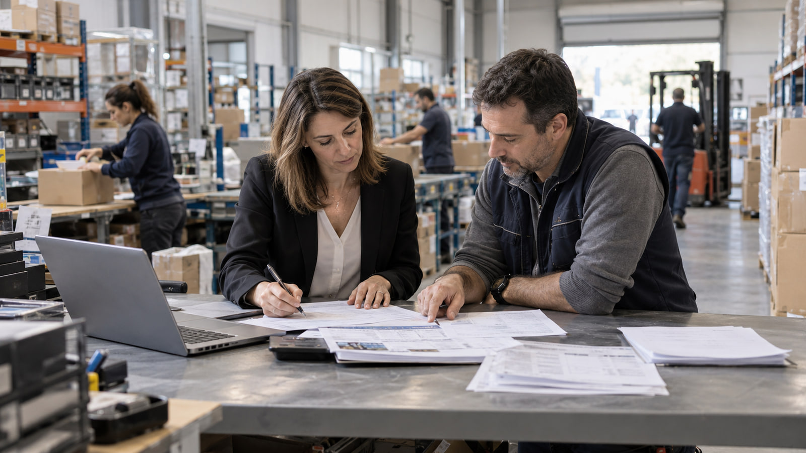 Responsables de finanzas y operaciones revisan juntos el margen y el rendimiento de un proceso empresarial.