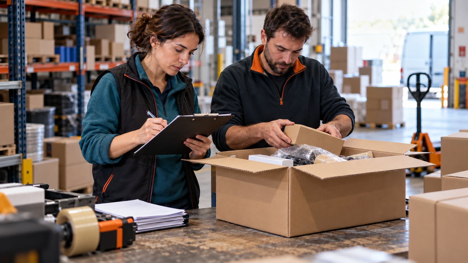 Una responsable registra la comprobación de un pedido mientras un compañero revisa su contenido en una mesa de expedición.