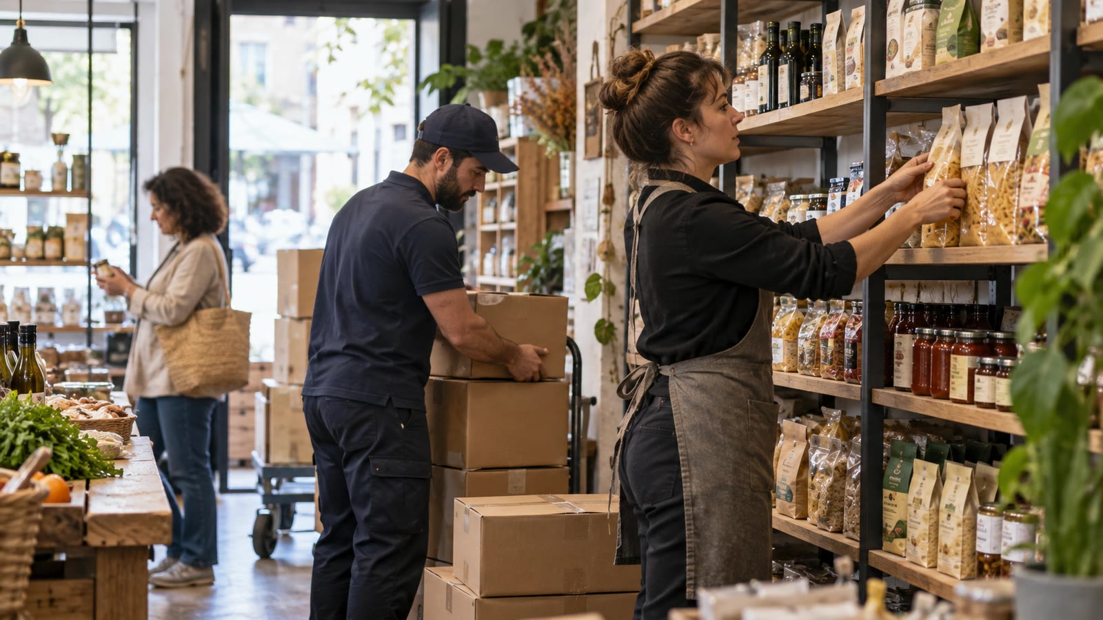 Una trabajadora repone productos en los estantes de una tienda mientras un repartidor coloca cajas y una clienta espera cerca de la entrada.