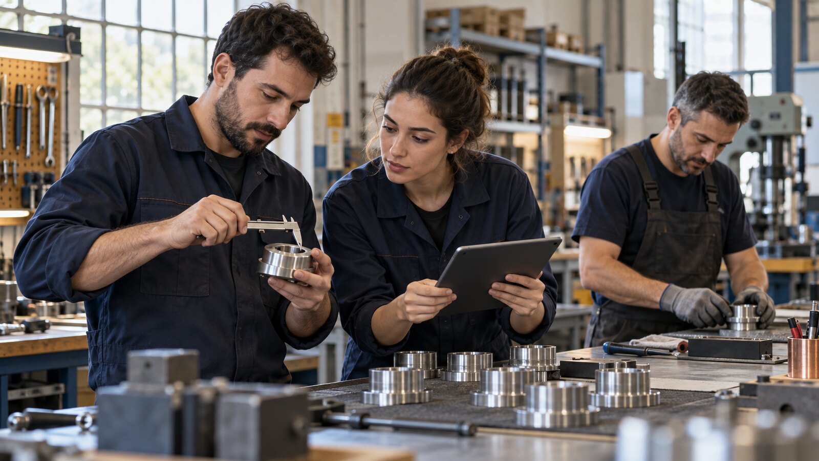 Tres profesionales en un taller revisan un componente fabricado; uno comprueba la medida, otra consulta una tableta y un tercero prepara la siguiente pieza.