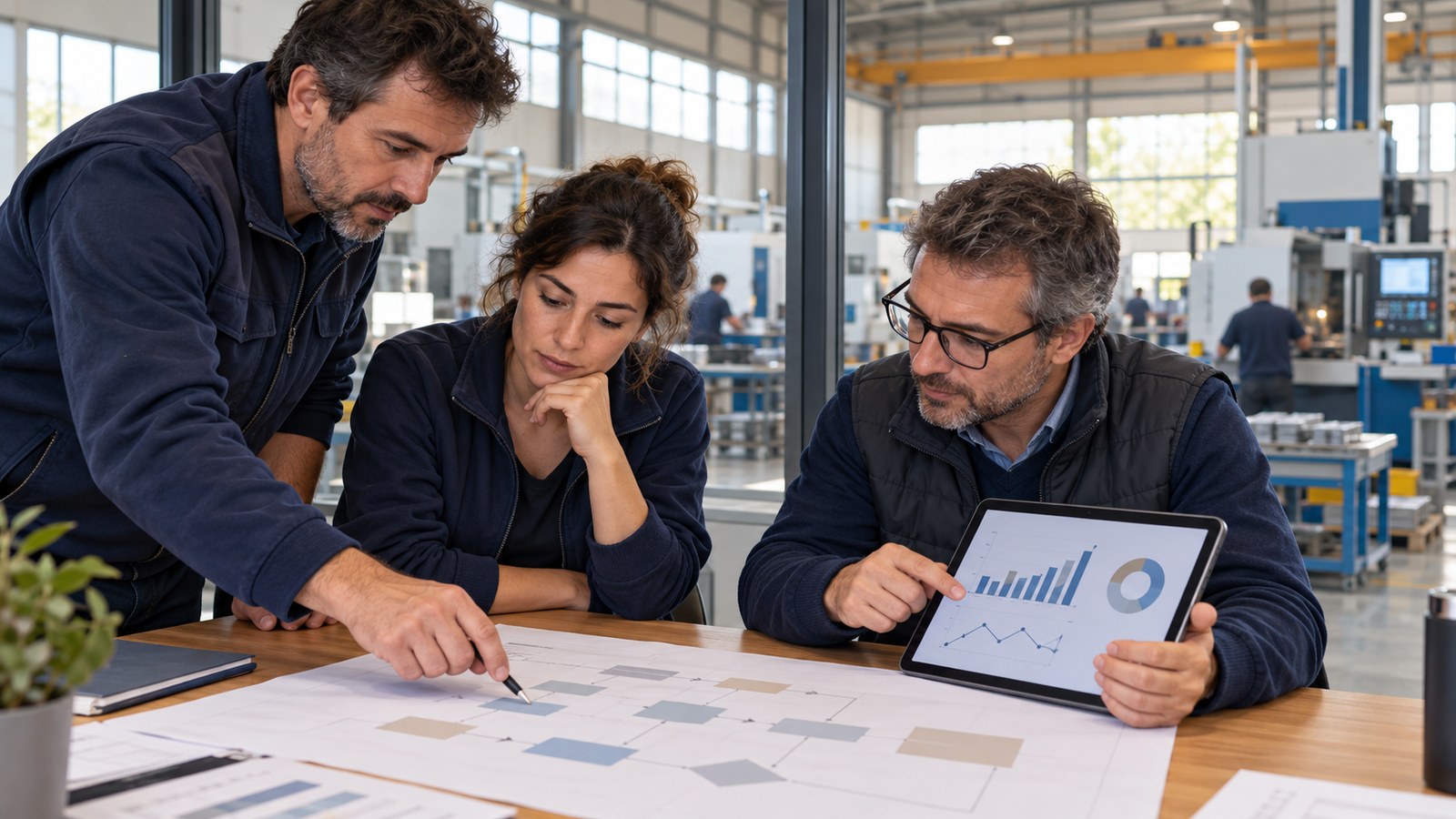 Tres responsables revisan un mapa de procesos y resultados junto a un taller industrial en funcionamiento.