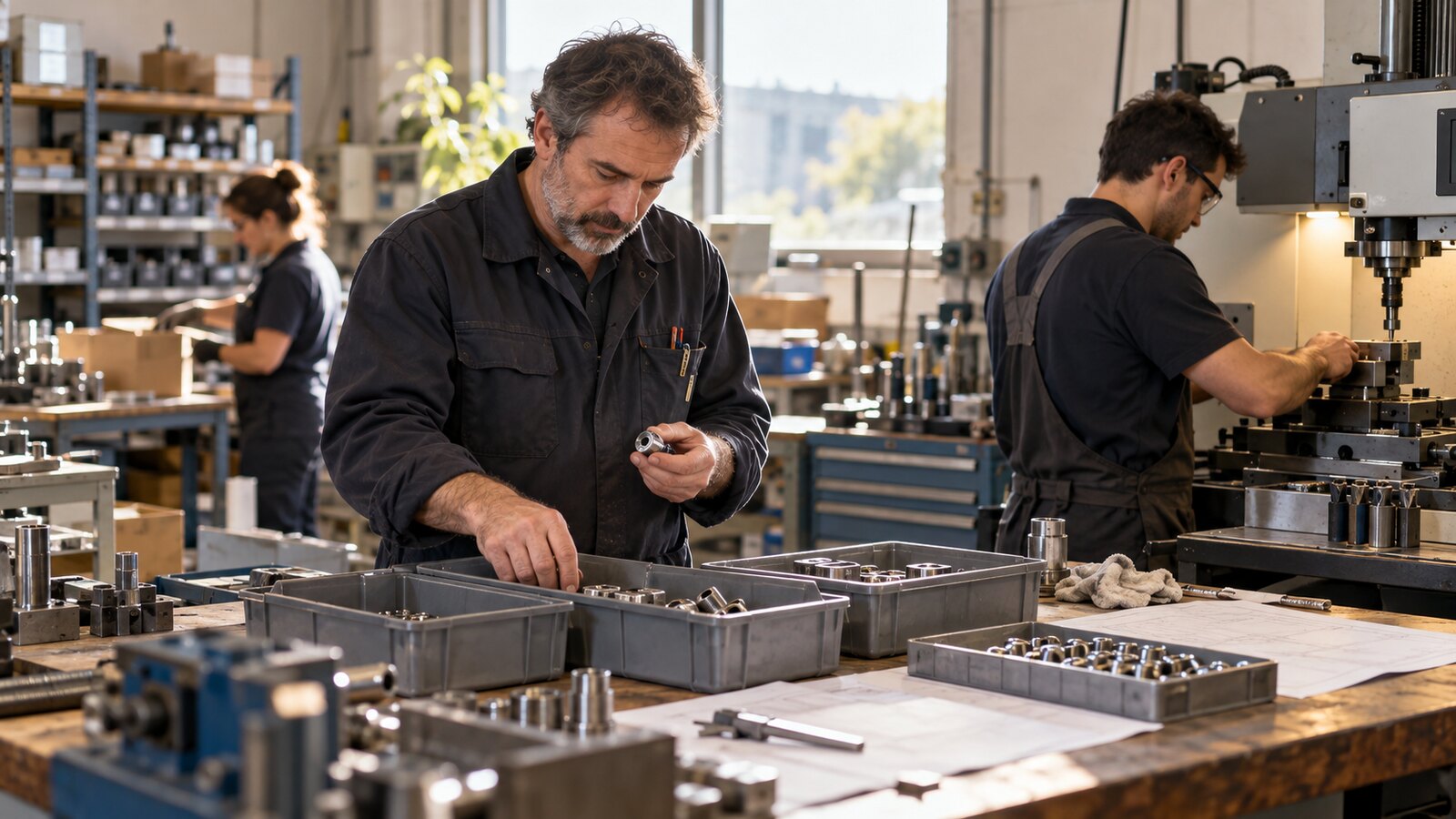 Tres profesionales trabajan en un taller de fabricación pequeño: una persona revisa componentes, otra ajusta una máquina y una tercera prepara materiales.
