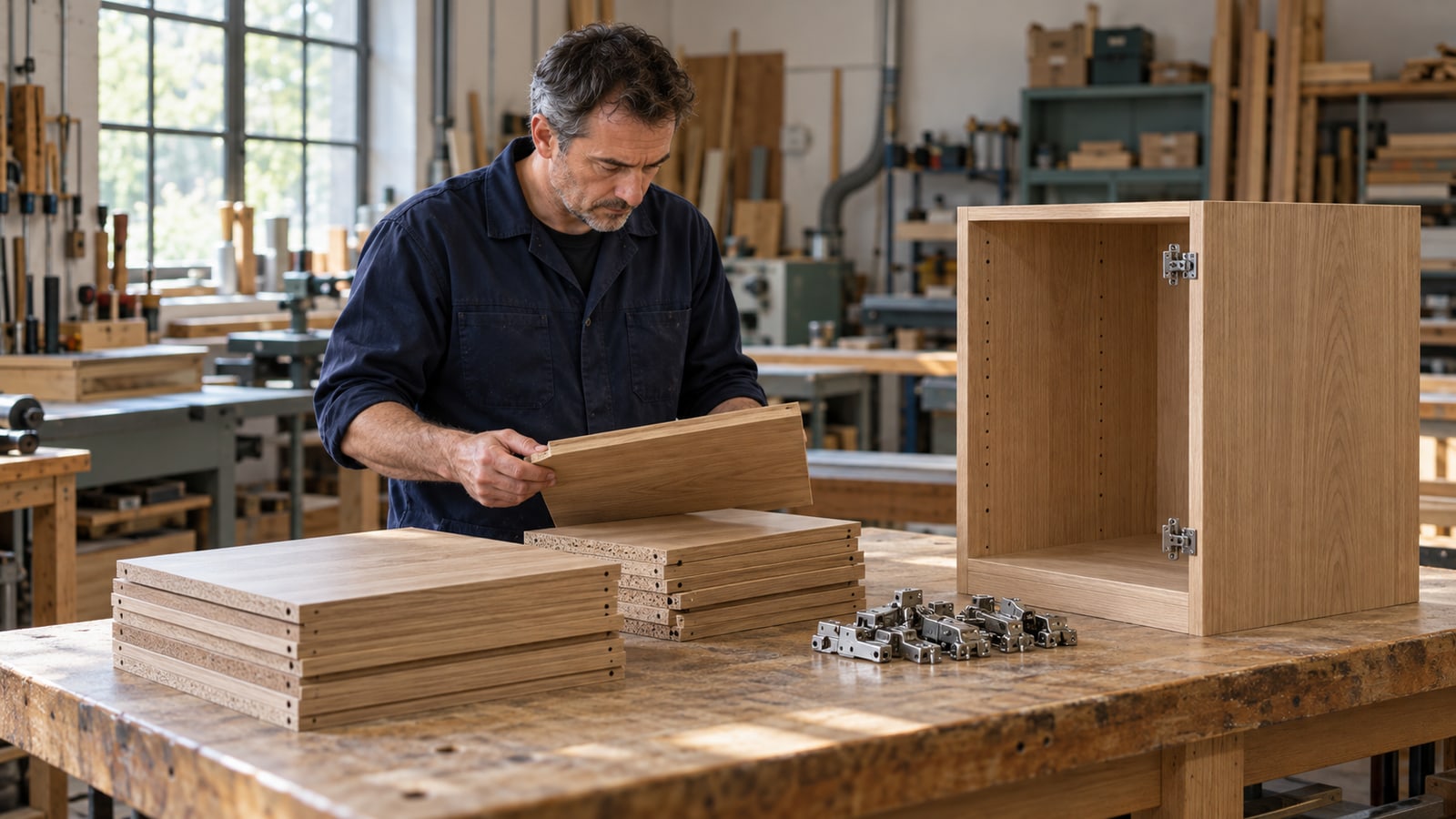 Un responsable revisa un panel de madera junto a componentes comprados y un mueble en montaje en un taller.