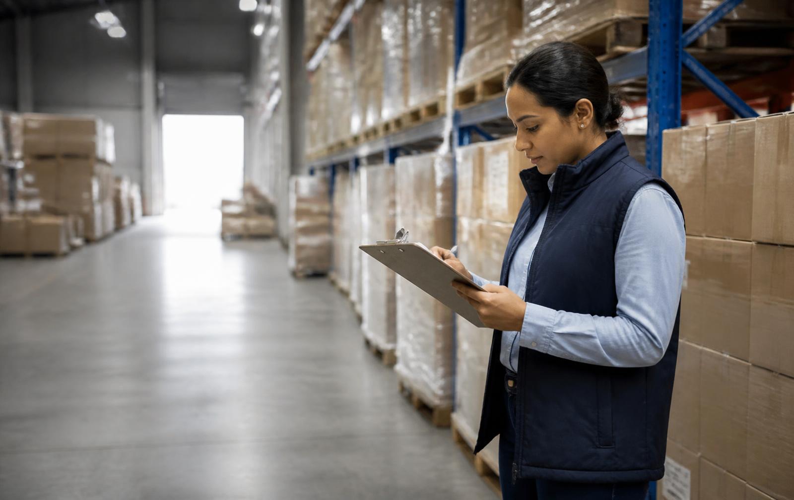 Responsable de compras revisando documentación de proveedores en un almacén de distribución.