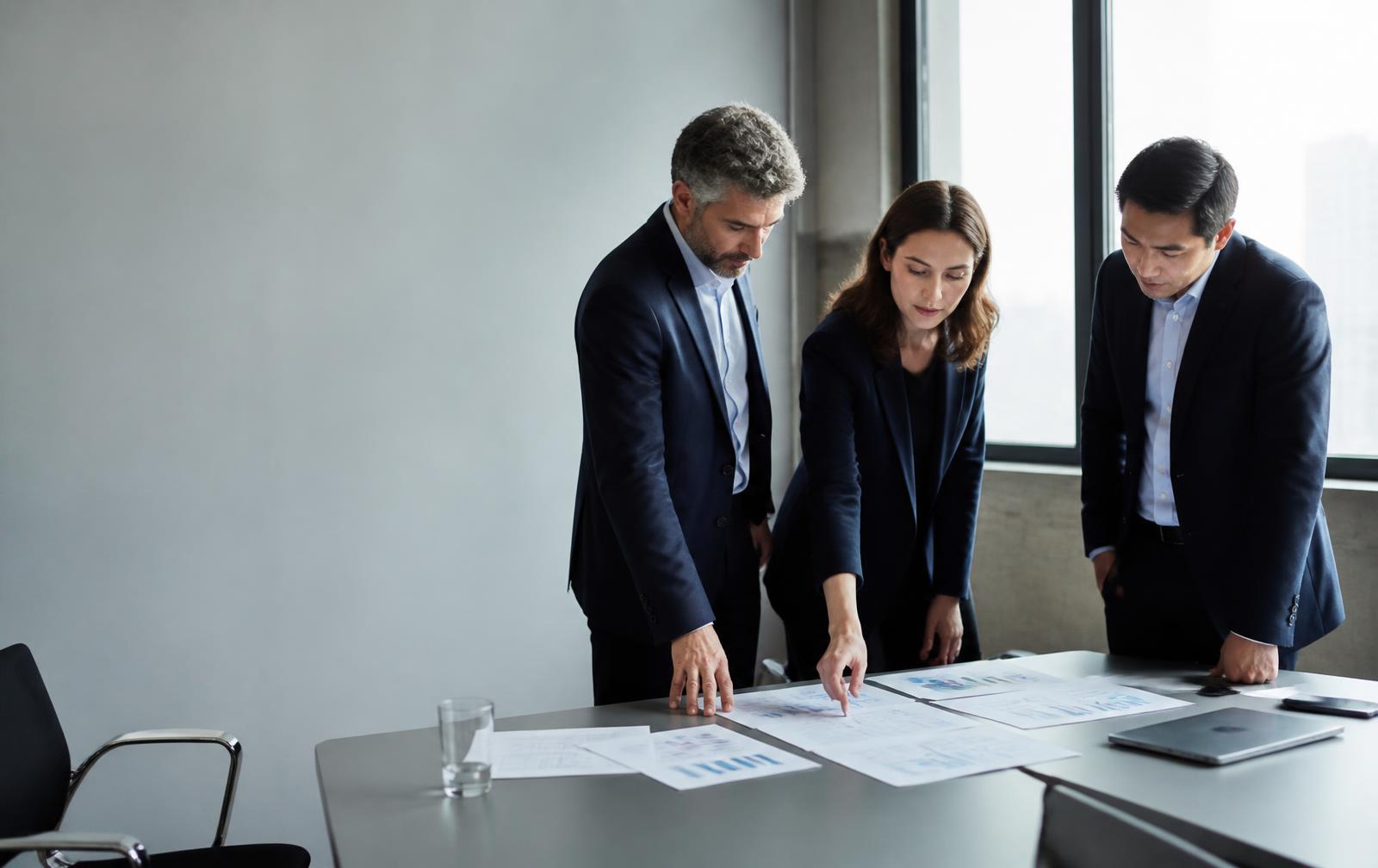 Equipo directivo revisando datos operativos e indicadores sobre una mesa de reunión.